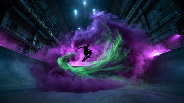Skateboarder Performing Jump Trick Surrounded by Colorful Smoke
