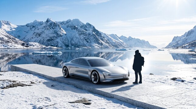 Futuristic Electric Car in Snowy Arctic Mountain Landscape