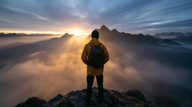 Hiker Standing on Mountain Summit Watching Dramatic Sunrise