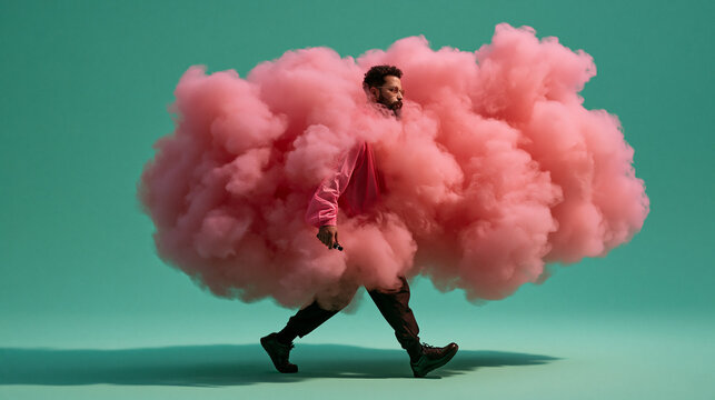 Man Walking Inside Giant Pink Cloud Creative Concept