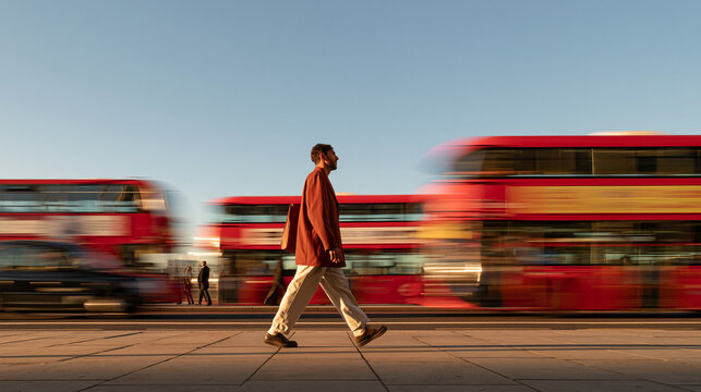 Man Walking on London Street with Motion Blurred Buses