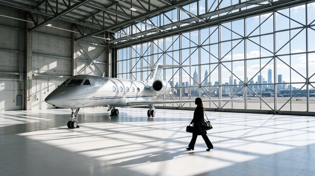 Businesswoman Walking Near Private Jet in Modern Airplane Hangar