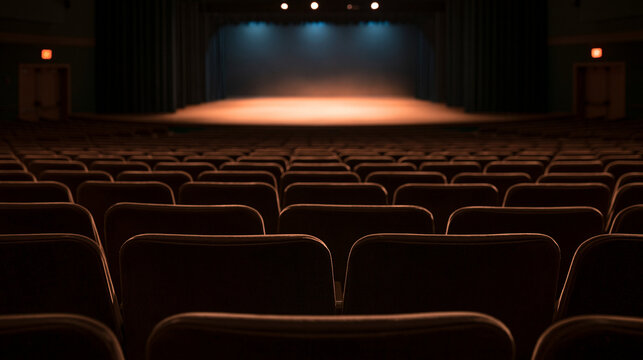 Empty Theater Auditorium with Illuminated Stage and Rows of Seats