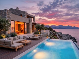 Fototapeta premium 絶景の海を見下ろす高級ヴィラとインフィニティプール夕焼けに染まる贅沢な時間