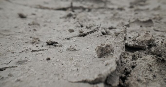 Slow motion close tracking shot of cracked mud and dry soil on riverbed mudflat in low angle forward move. Concept of drought on Earth, change climate.