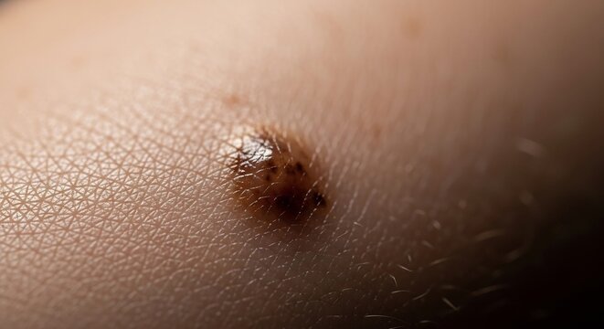 Macro view of human skin showing a dark pigmented mole on the surface