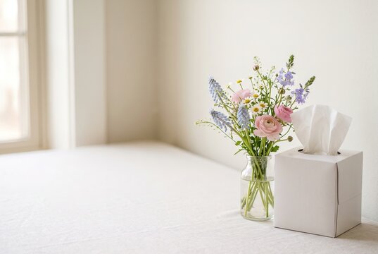 A small vase with various flowers sits on a table next to a box of tissues. Sunlight enters the room through the window. The decor is simple and clean
