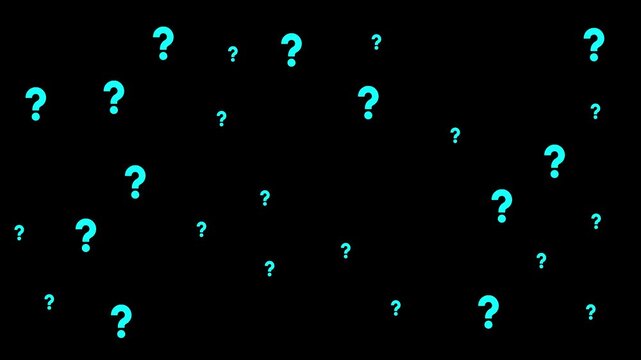 Floating Teal Question Marks On Black Background Animation For Learning And Education. 4k motion video.