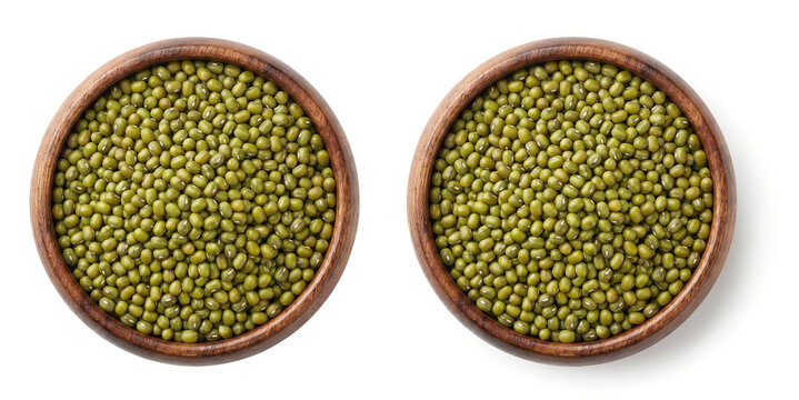 Mung beans in wooden bowls, top view of raw green gram seeds in round timber containers, organic legumes isolated on white background