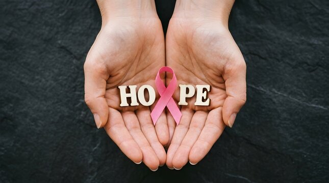 Human hands holding the word hope with a pink ribbon symbol representing breast cancer awareness and support