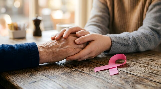 A supportive person holding the hand of an elderly senior patient with a pink breast cancer awareness ribbon