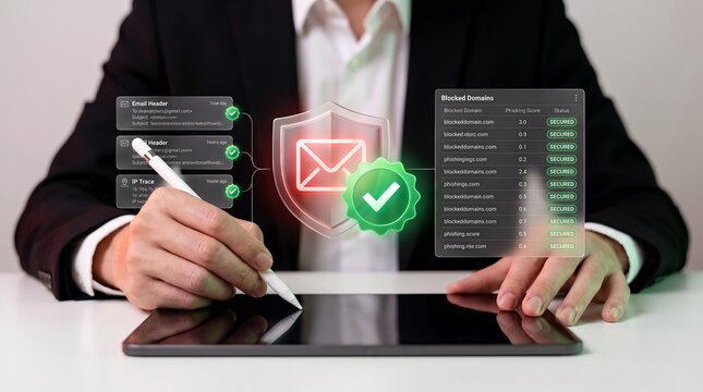 advanced email protection system featuring phishing threat analysis, firewall monitoring, and encrypted communication verification for enterprise data security.

