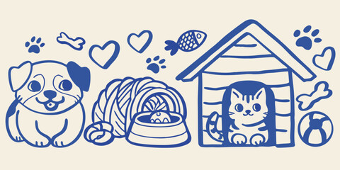 Blue line art illustration depicting a dog cat dog house food bowl and paw prints on a cream background puppy kitten pet animal © Pabitra