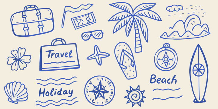 Hand drawn blue line art doodle set of summer travel items and beach elements on a light background holiday vacation sun sea ocean