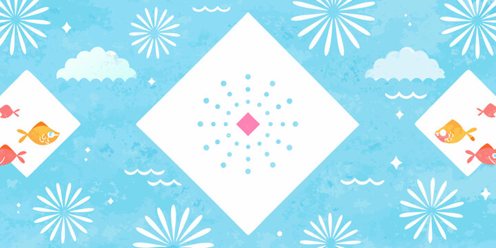Diamond shaped floral ornament with fish and cloud motifs a repeating vector pattern on a light blue background aquatic azure card celebration cheerful