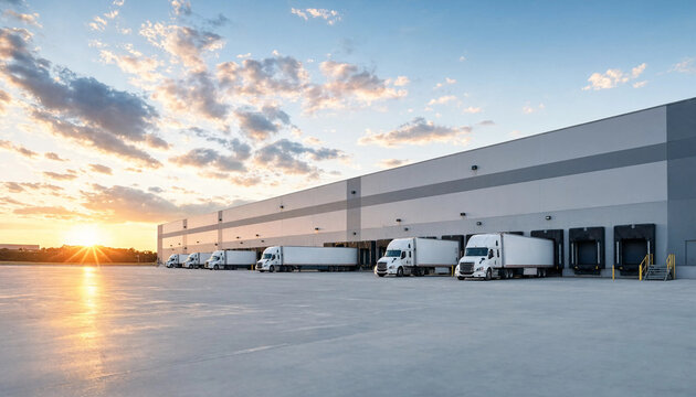 Logistics distribution center at sunset with semi trucks loading at dock doors logistics distribution warehouse shipping transport delivery facility industry terminal business
