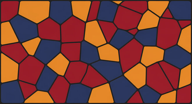 Abstract geometric background with colorful mosaic tiles in red orange and blue.