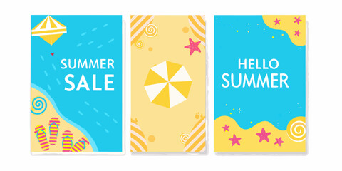 Three vibrant flat vector summer banners featuring beach umbrellas waves and starfish against colored backgrounds umbrella parasol sunshade illustration design colorful bright tropical © Pabitra