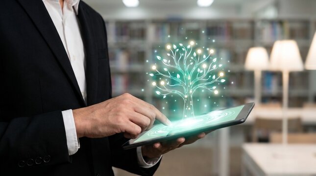business professional using digital tablet with glowing knowledge tree interface to represent learning growth, innovation strategy, and smart information management.

