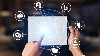 Fototapeta premium Cyber security protection and cyber security strategies against cyber threats, system hacks, digital breaches, network attacks, and safeguarding data with strong cyber security infrastructure. Spire