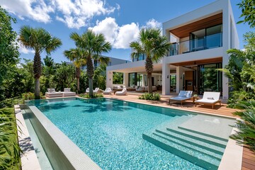 Fototapeta premium 夏の日差しが降り注ぐ青空の豪華プール付きモダンヴィラ
