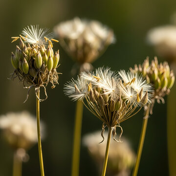 Close up of wild plant seed heads with fluffy white pappus in a meadow.