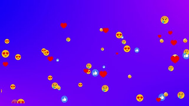 Animated floating emoji icons background loop pack, social media reactions heart thumbs up sad face emoticons, Social media emojis of hearts, likes,  colorful motion overlay on blue screen, 4k video