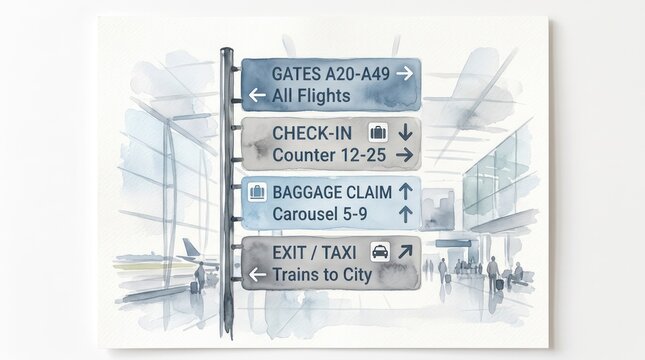 Airport wayfinding signs with arrows and travelers