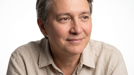 Naklejka premium Close up of a smiling middle-aged man with grey hair on a white background