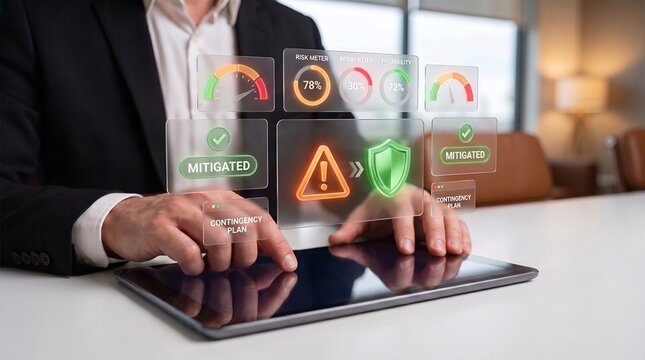 business risk management dashboard on digital tablet displaying risk meter, probability metrics, mitigation status, and contingency planning for strategic decision making.

