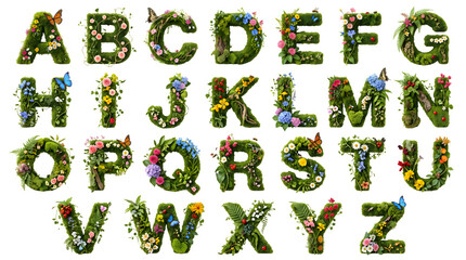 Naklejka premium Botanical Moss Alphabet Collection with Floral Letters, Green Vines and Butterflies Isolated on White background