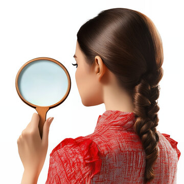 A young woman with a braid admires her reflection in a hand-held mirror