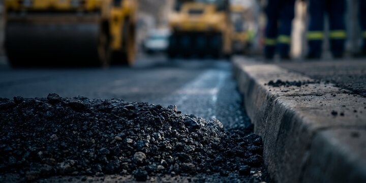 Asphalt road construction site featuring fresh tar gravel, heavy steamroller vehicles and curb paving work, representing urban infrastructure development and highway maintenance