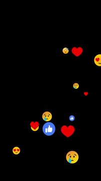 Flying emoji emoticons background loop animation pack, social interaction icons heart thumbs up crying face, Social media floating emojis animation on black screen background.4k loop animation