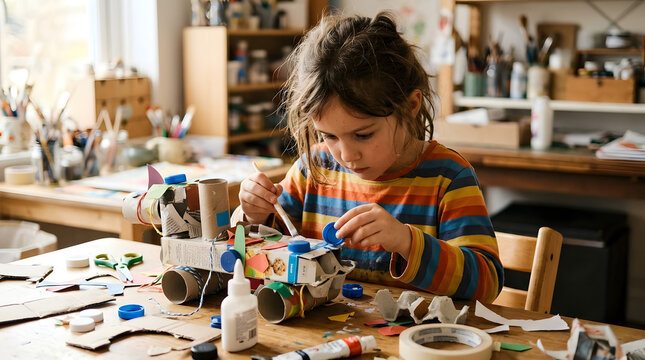 A young child concentrates intently while creating a complex recycled art project at a table filled with various craft supplies and materials.