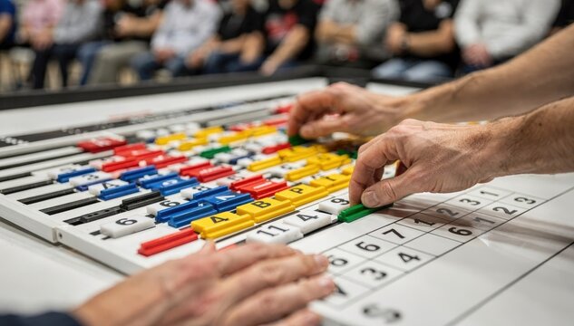 Manual scoreboard with colorful markers and hands adjusting scores focused tightly as tournament participants watch from a blurred backdrop.
