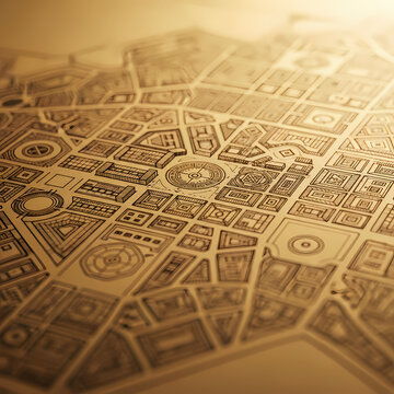 A detailed vintage style paper map showing an intricate urban city layout with geometric shapes.