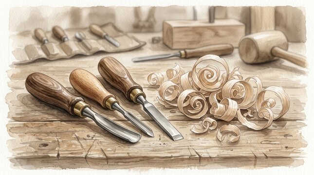 Woodworking tools with carved shavings on workbench
