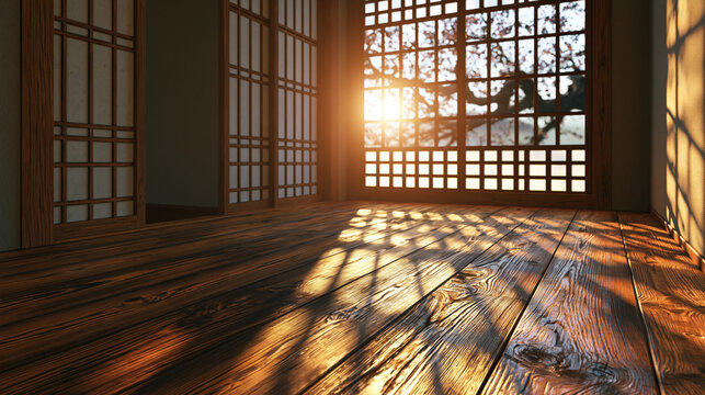 Sunlit engawa floor with cherry blossom view through lattice window