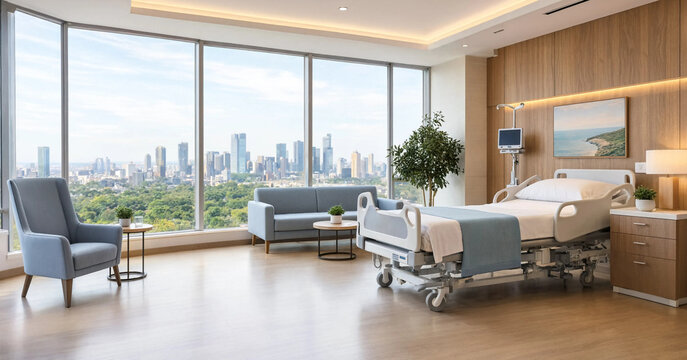 Luxury hospital patient recovery room with comfortable bed medical equipment armchairs sofa scenic nature view through large hospital healthcare recovery interior facility treatment
