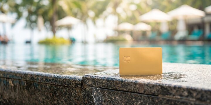 Golden credit card on pool edge featuring smart chip, tropical resort background and clear swimming pool, symbolizing financial freedom and premium travel benefits