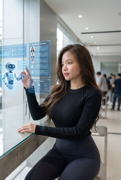 Professional Asian Businesswoman Using Futuristic Transparent Digital Interface for Data Analytics Artificial Intelligence and Corporate Technology