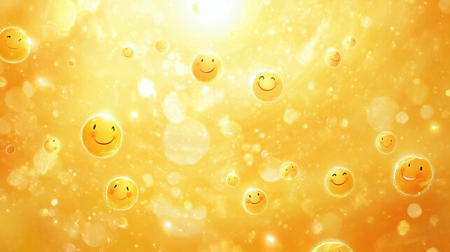 Joyful yellow smiley faces float in a bright, shimmering, golden background, creating a cheerful and positive mood