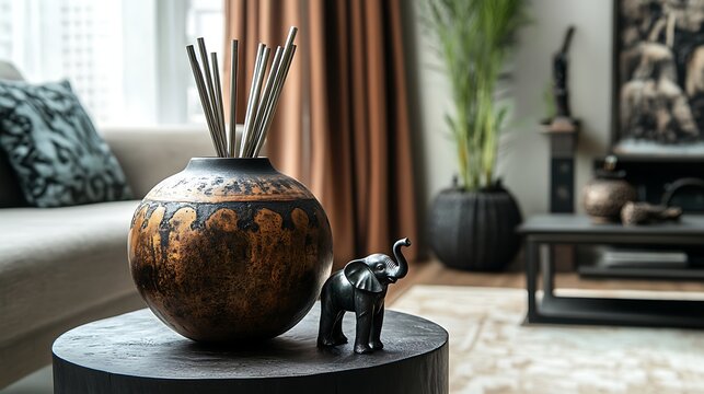 Close up of yerba mate tea calabash with metal bombilla straws and elephant figurine on a small table in a modern living room with oriental details