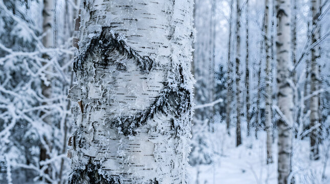 The stark white and black bark of a birch tree stands out in a snow-covered winter forest, with icy branches and soft snow creating a serene and tranquil monochrome landscape.