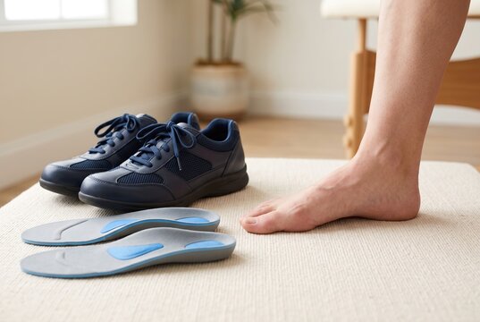 A person stands next to new shoes and supportive insoles while preparing to put them on. The scene is in a bright room with natural light