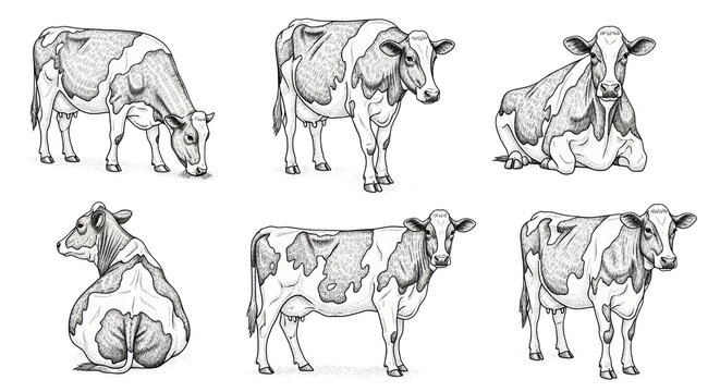 A detailed collection of six unique hand-drawn cow illustrations arranged in a professional 3x2 grid layout showcasing varied farm animal poses