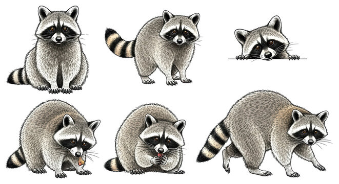 A 3x2 grid layout featuring 6 unique distinct illustrations of adorable raccoons in various poses and activities set against a clean white background