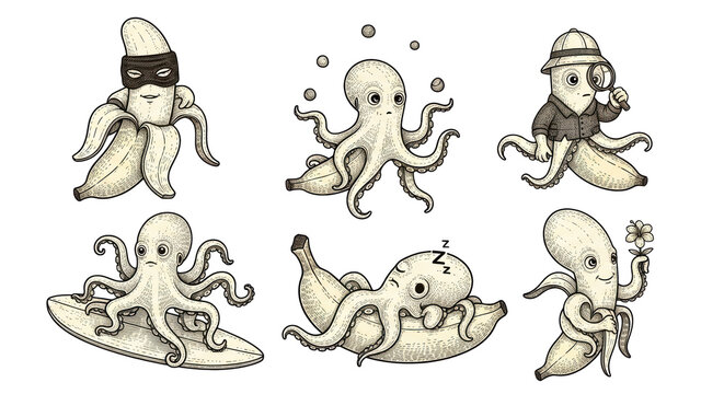 A whimsical collection of six unique hand-drawn vintage style illustrations featuring imaginative octopus creatures interacting with yellow bananas