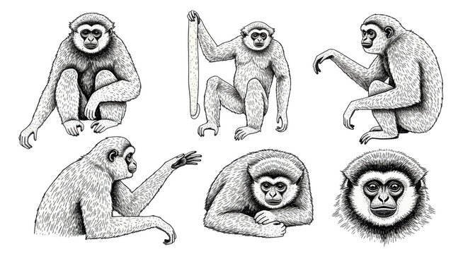 A detailed collection featuring six distinct hand-drawn ink sketches of gibbons showcasing various poses and expressions in a vintage stippling style